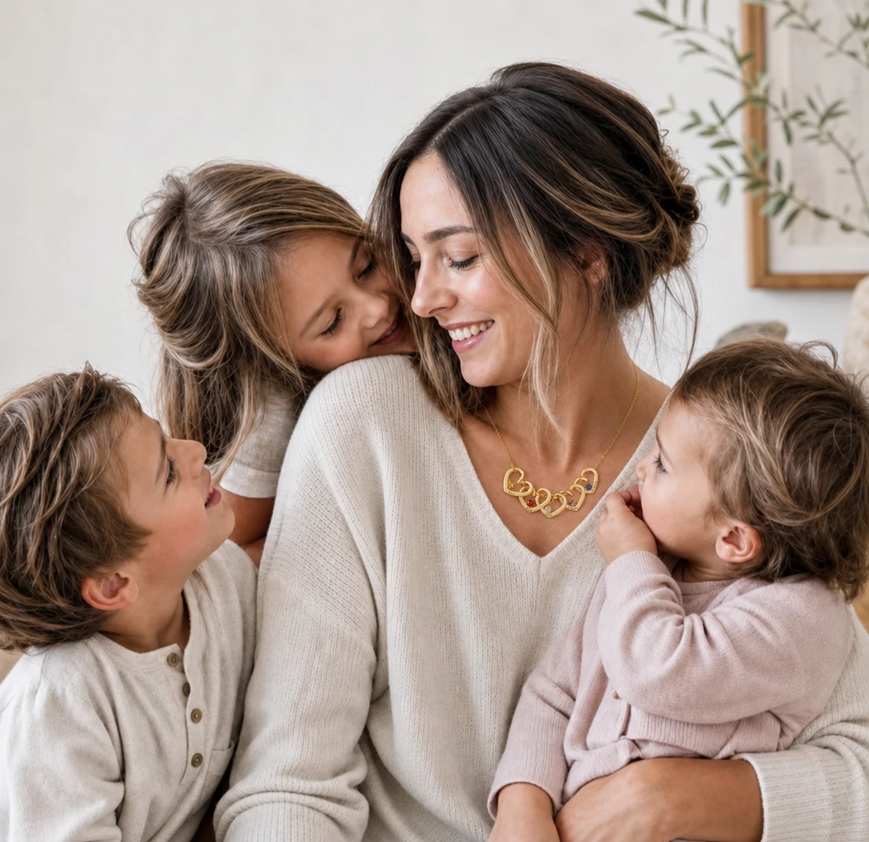 A young mother with three children wearing the Amorieva Twisted Heart Birthstone Necklace