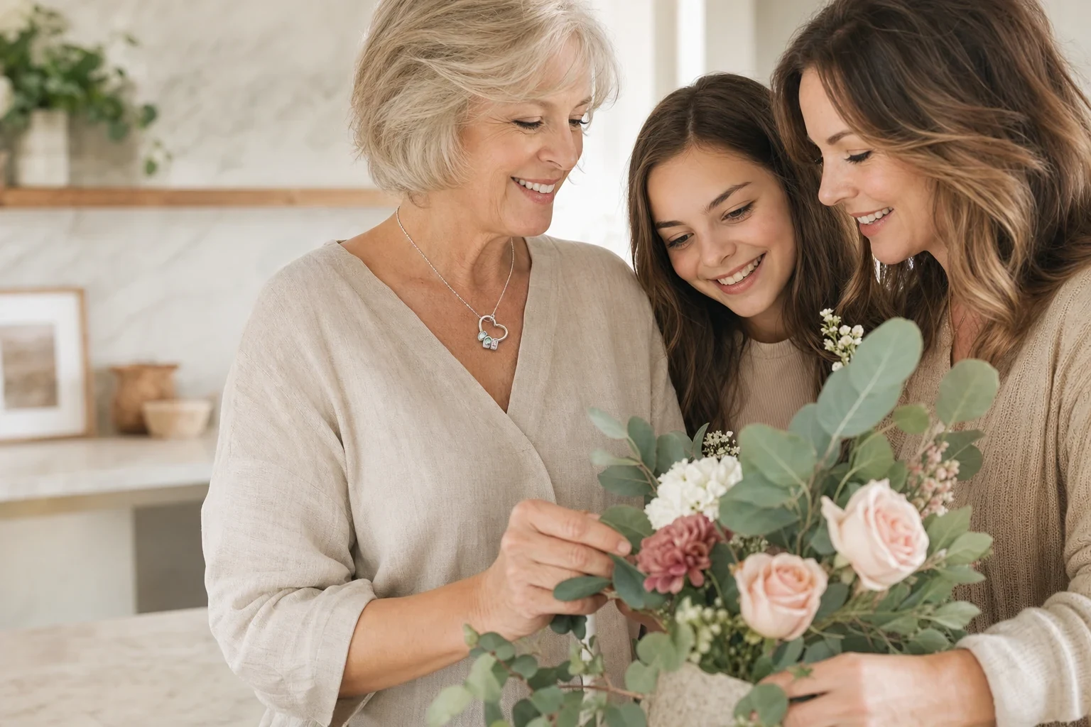 Three generations sharing flowers while a grandmother wears a personalized family necklace