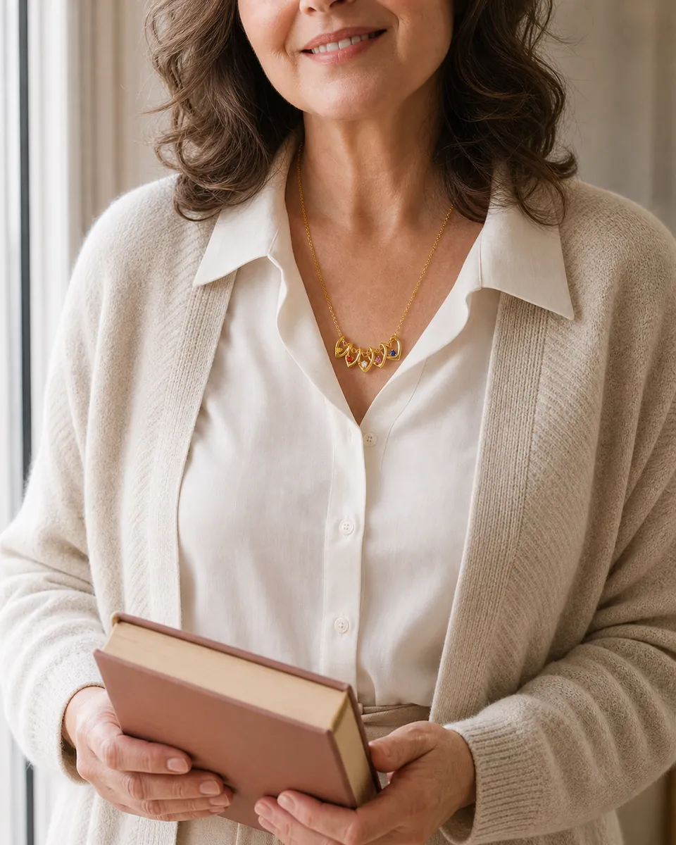 Illustrative brand scene of a woman wearing a family necklace with a warm neutral outfit