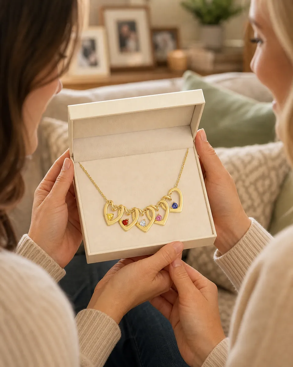 Illustrative brand scene of hands presenting a personalized family necklace in a gift box