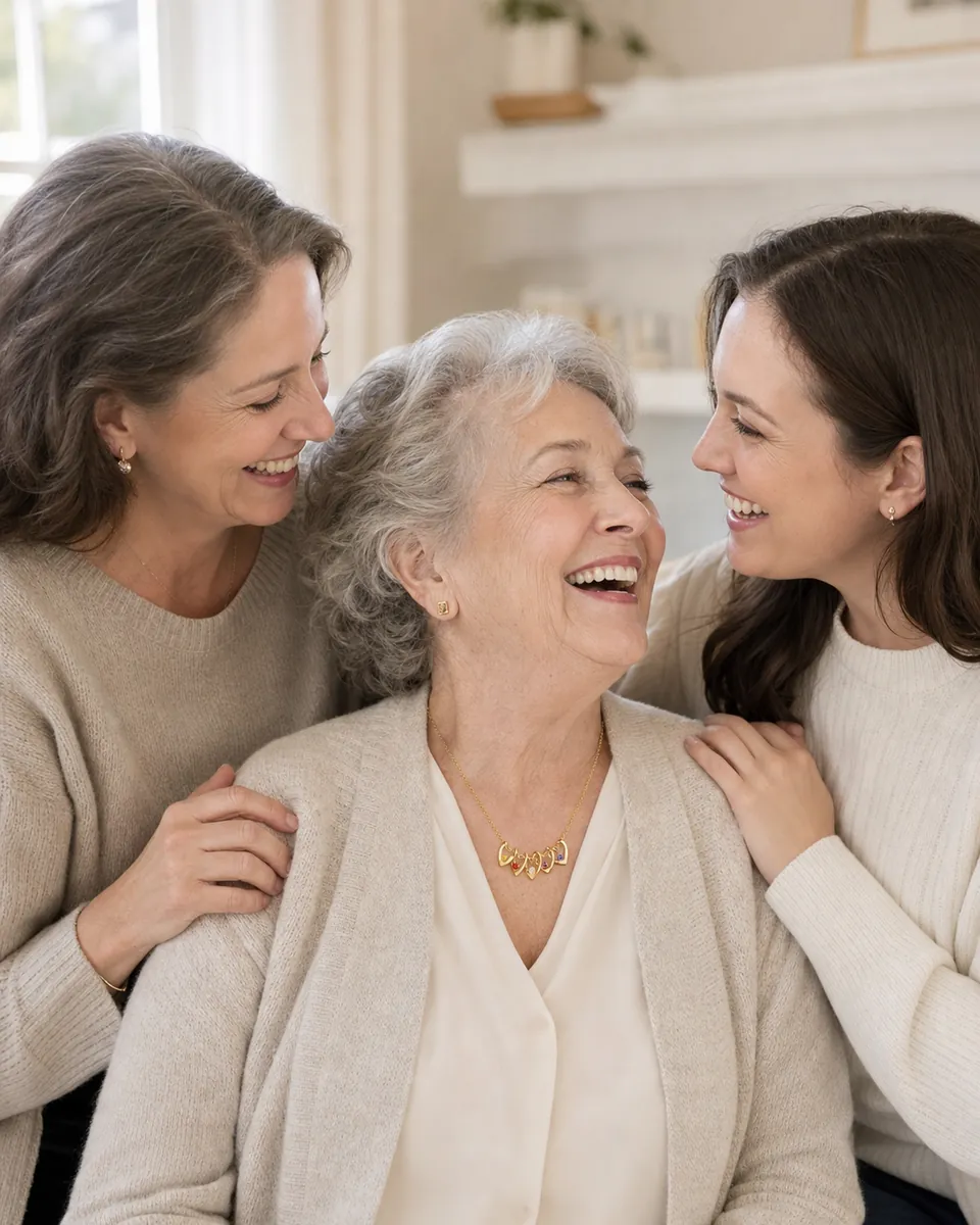 Illustrative brand scene of three generations sharing a joyful family moment