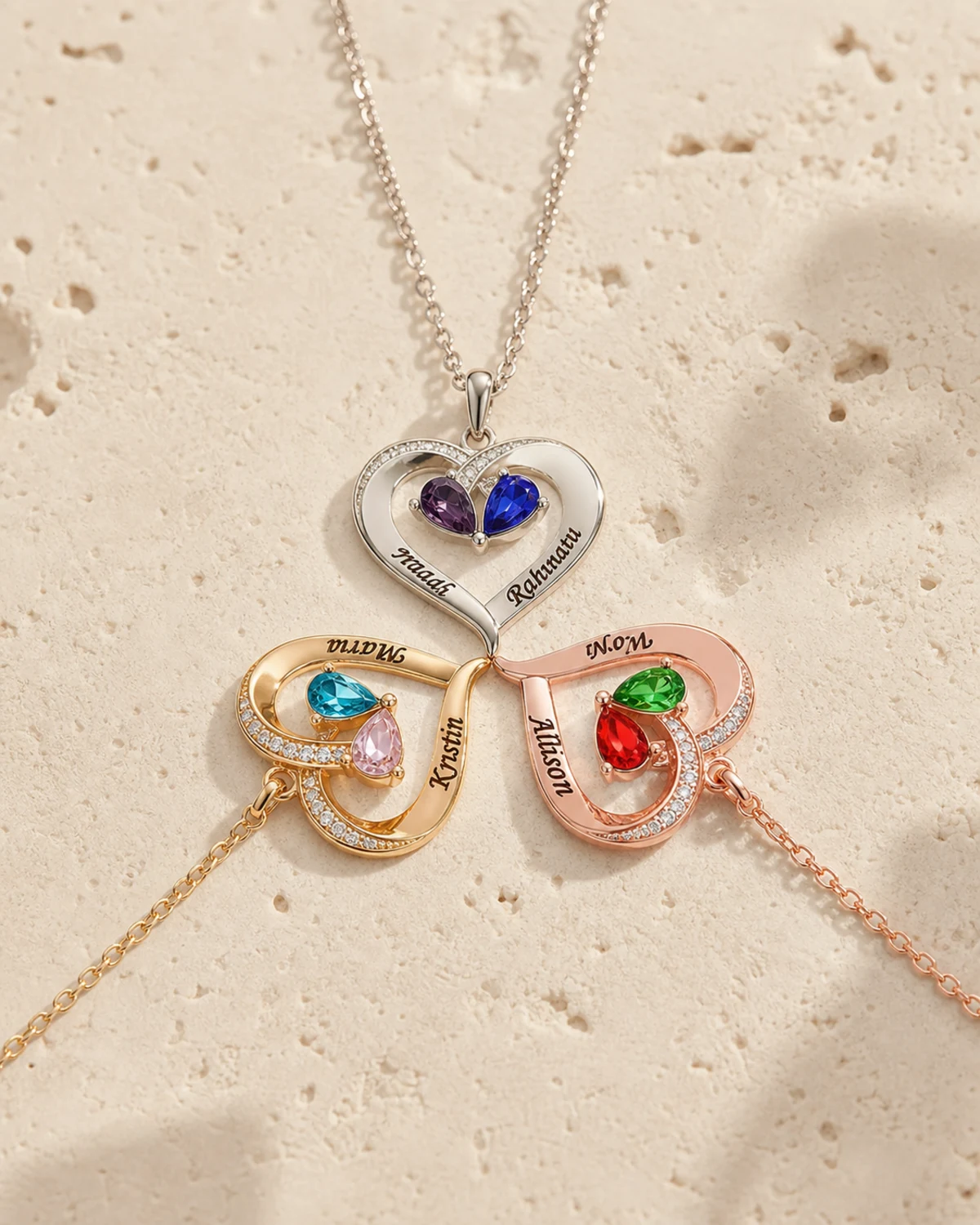 Personalized two-name heart necklace presented as a family gift