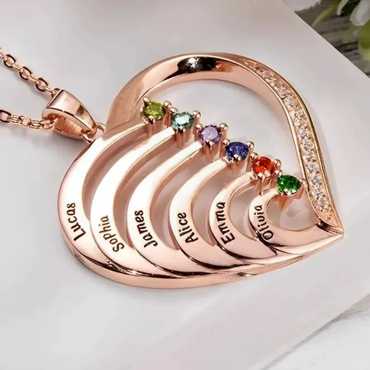 Family Embrace Heart Necklace showing nested engraved name ribbons and matching birthstones