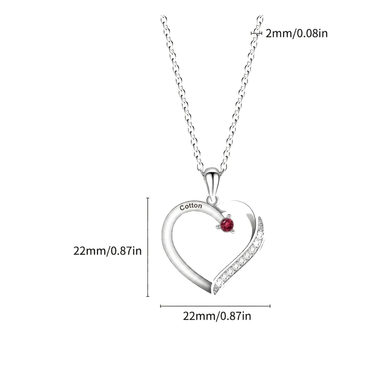 Clean Family Embrace Heart Necklace parameter guide with pendant, chain, width, and weight measurements
