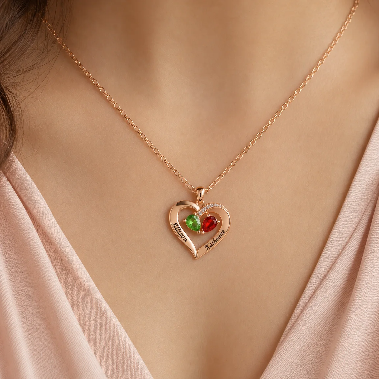 Two-name heart necklace with paired birthstones