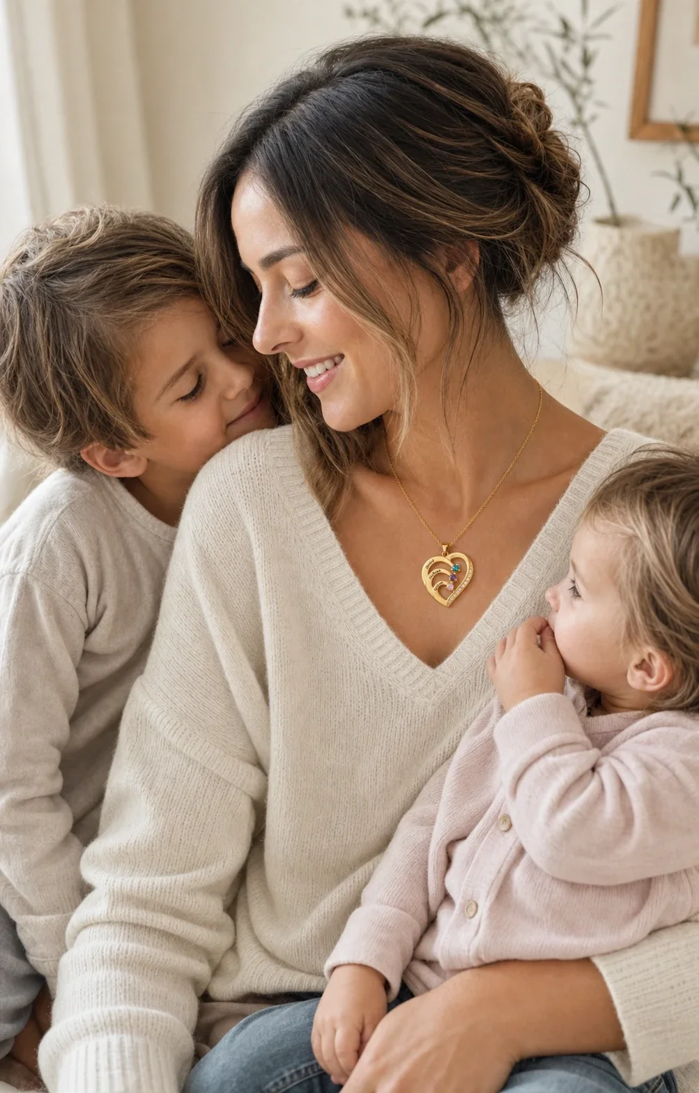 Mother sharing a quiet moment with her children while wearing the Family Embrace Heart Necklace