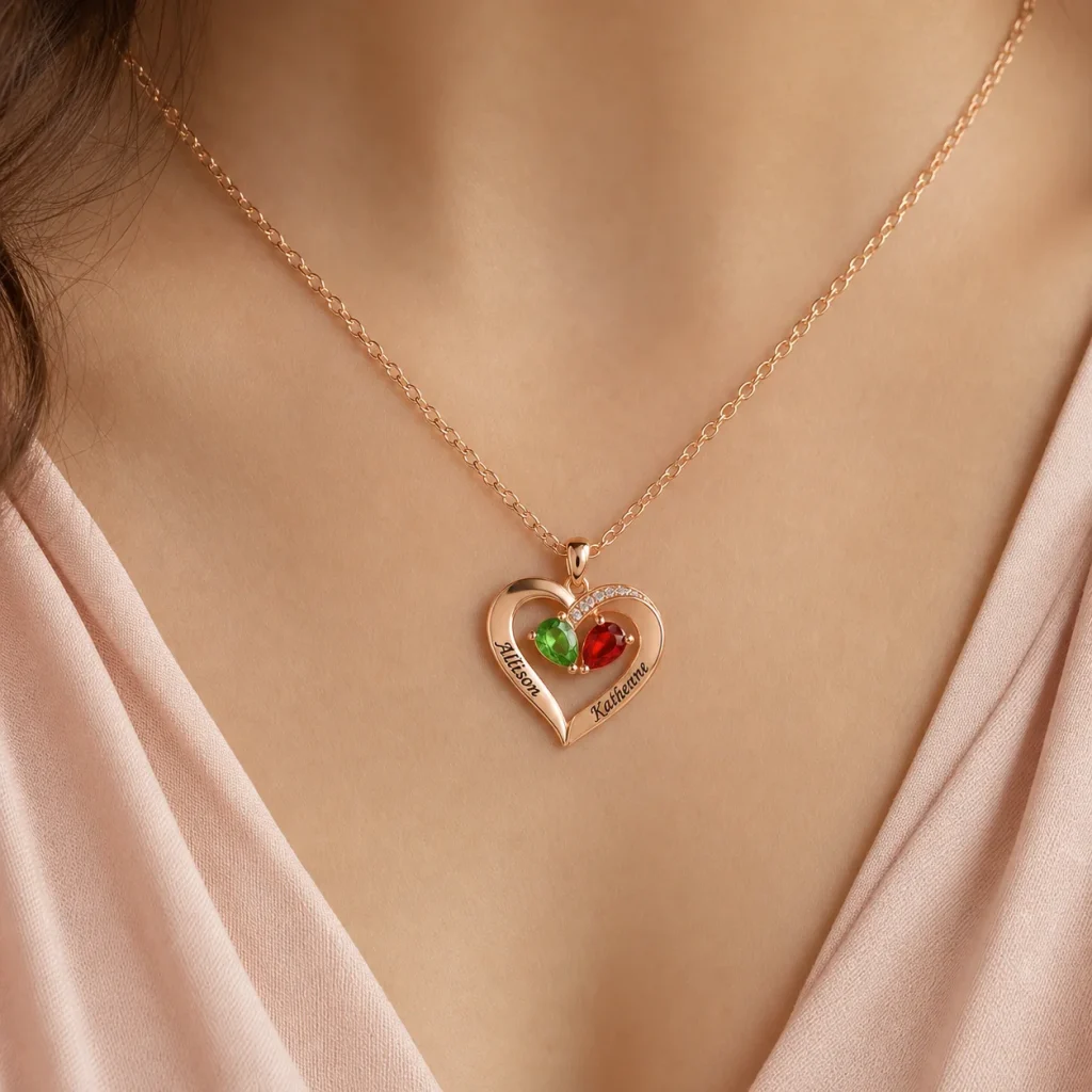 Two-tone teardrop necklace showing two engraved names and two simulated birthstone accents on a model