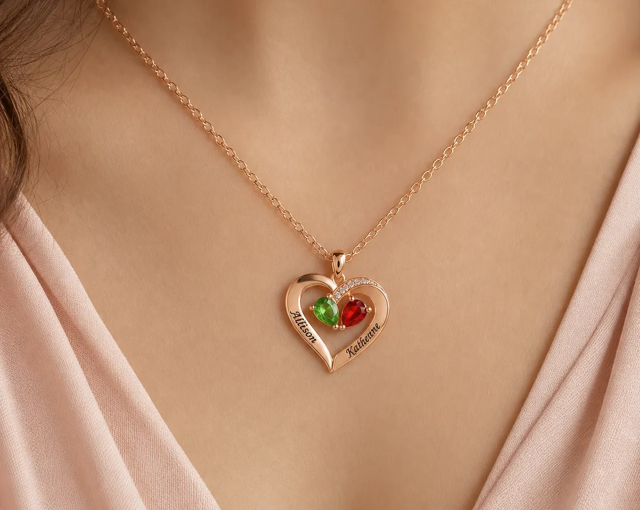Two-tone teardrop story necklace with two birthstone accents shown on a model