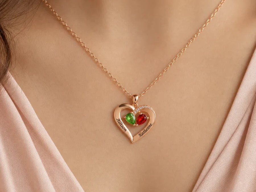 Two-tone teardrop story necklace with two birthstone accents shown on a model