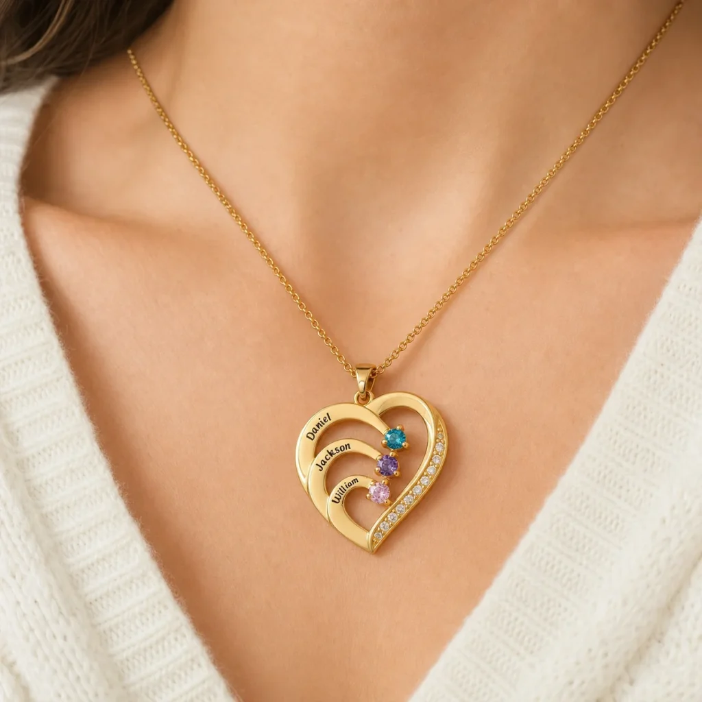 Family embrace heart necklace with engraved name bands shown at wearable scale on a model