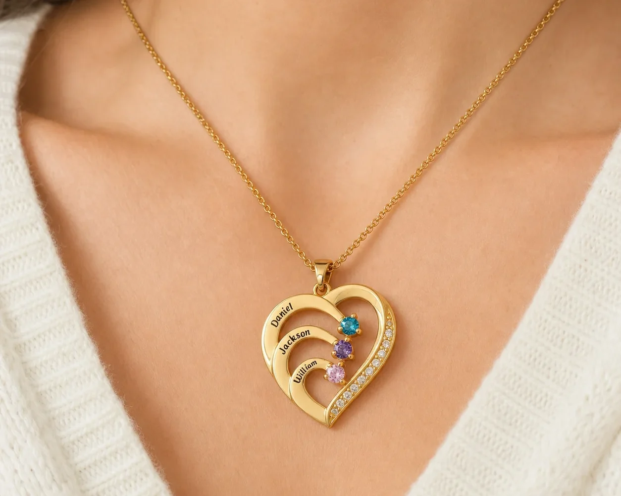 Family embrace heart necklace with engraved bands and birthstone accents shown on a model
