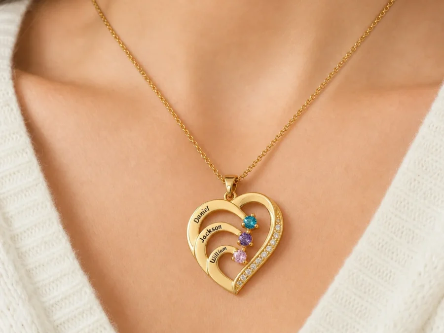 Family embrace heart necklace with engraved bands and birthstone accents shown on a model
