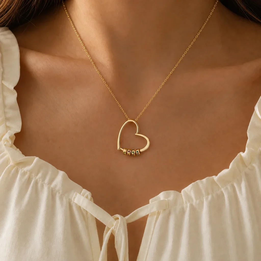 Gathered hearts name necklace with several engraved beads shown at everyday scale on a model
