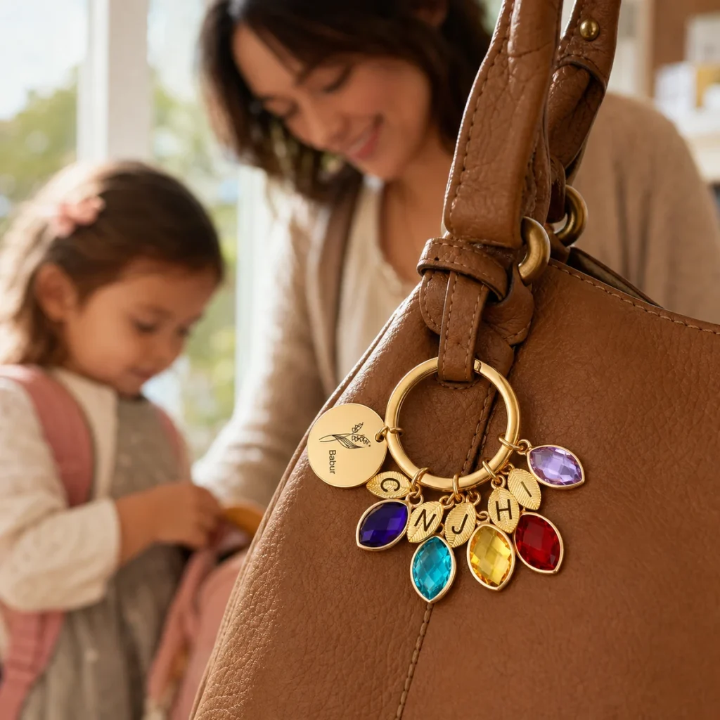 Editorial handbag scene with a family keyring, central disc, engraved leaves, and birthstone charms