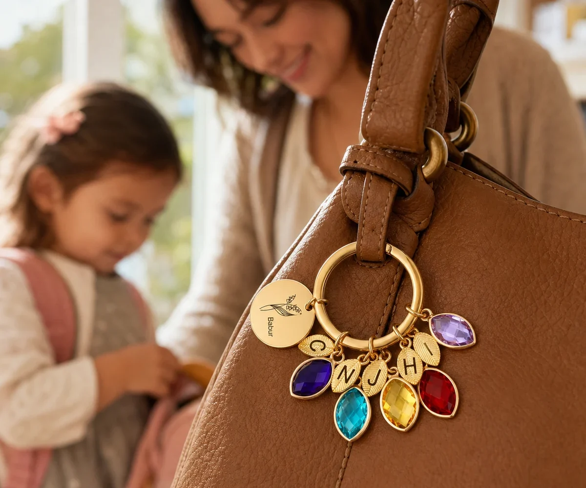 Editorial scene of a personalized family branch keyring with engraved leaves and birthstone charms on a handbag