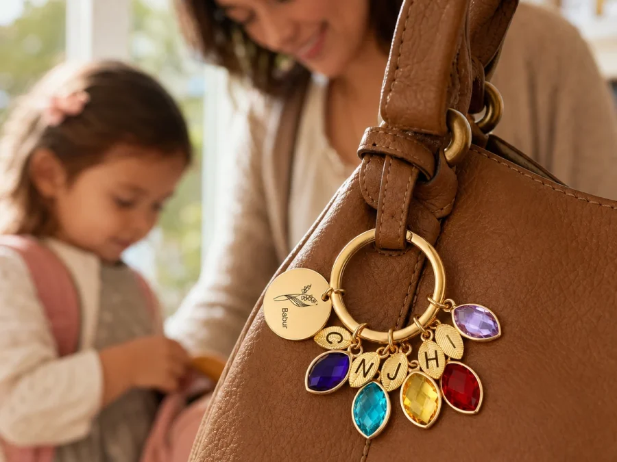 Editorial scene of a personalized family branch keyring with engraved leaves and birthstone charms on a handbag