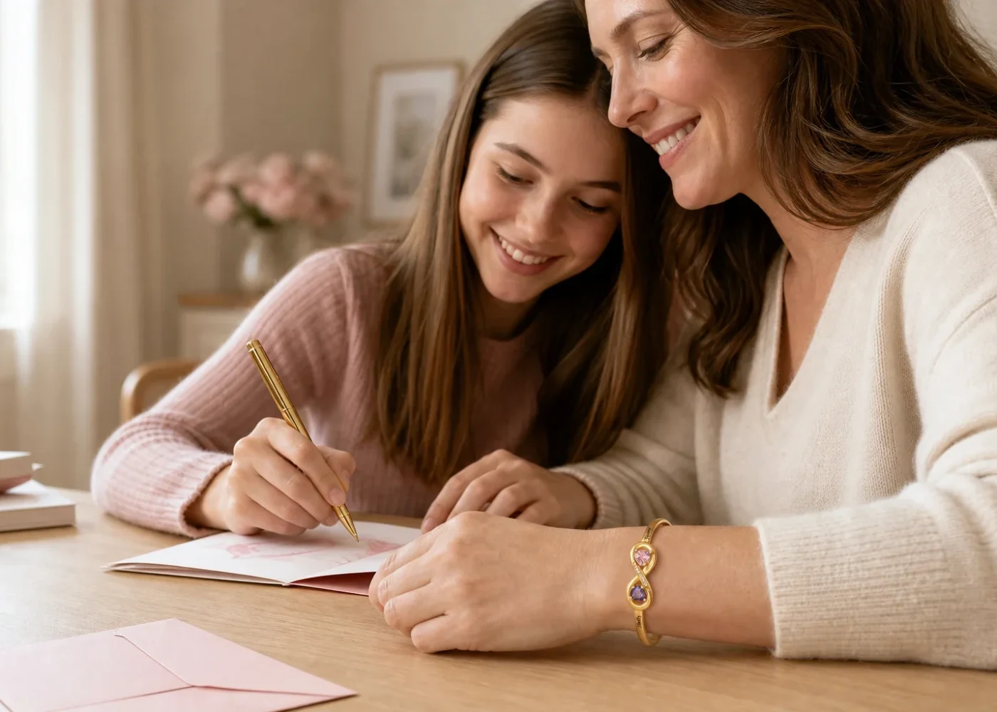 Editorial mother-and-daughter scene featuring a personalized open heart cuff