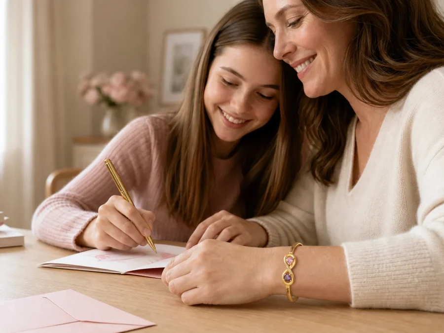 Editorial mother-and-daughter scene featuring a personalized open heart cuff