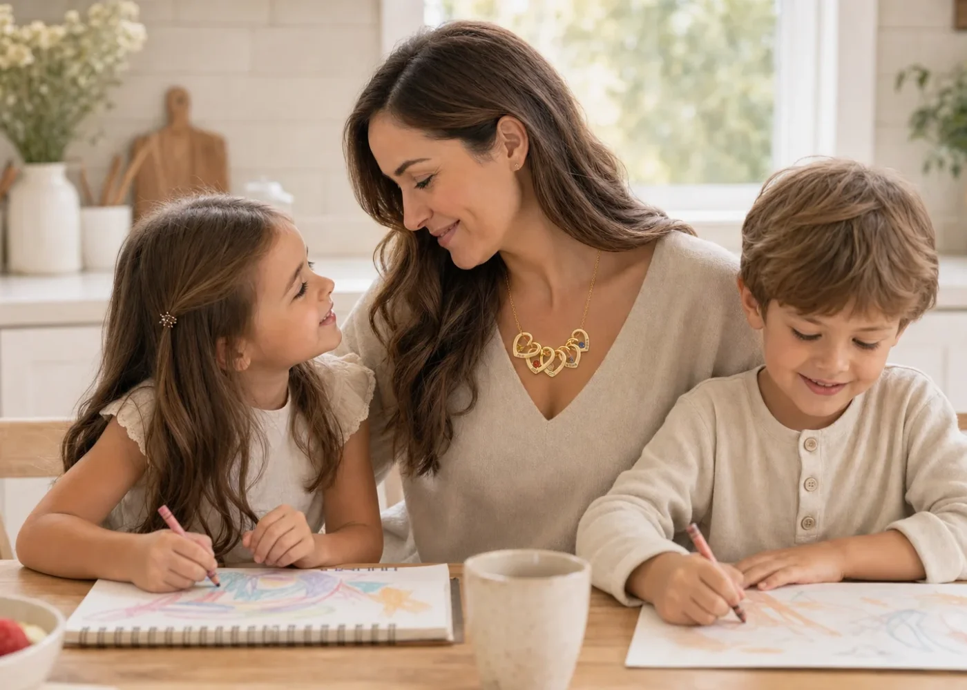 Editorial family scene with a mother wearing a gold-tone heart necklace beside two children