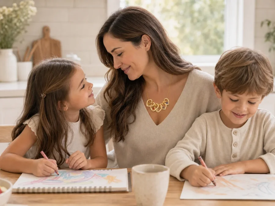 Editorial family scene with a mother wearing a gold-tone heart necklace beside two children