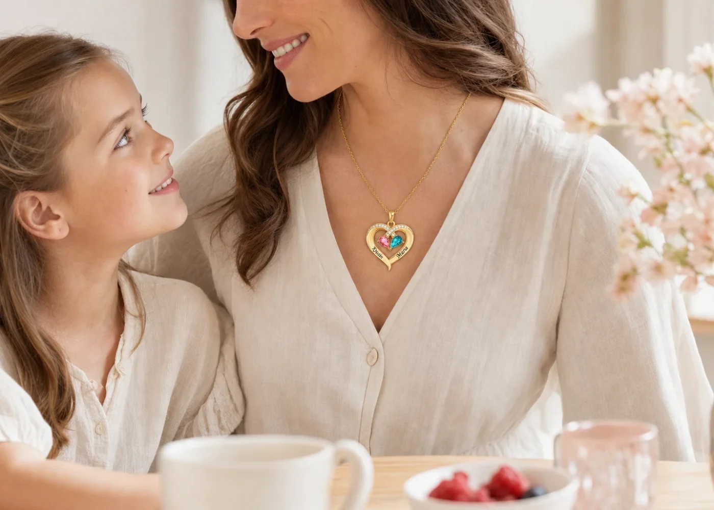 Editorial mother-and-daughter scene featuring a small personalized heart necklace