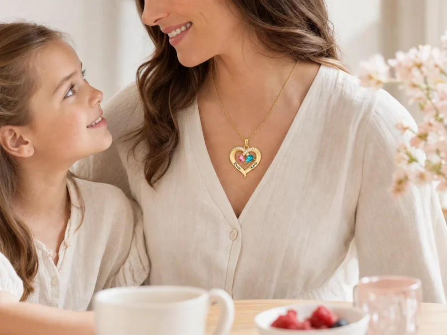 Editorial mother-and-daughter scene featuring a small personalized heart necklace