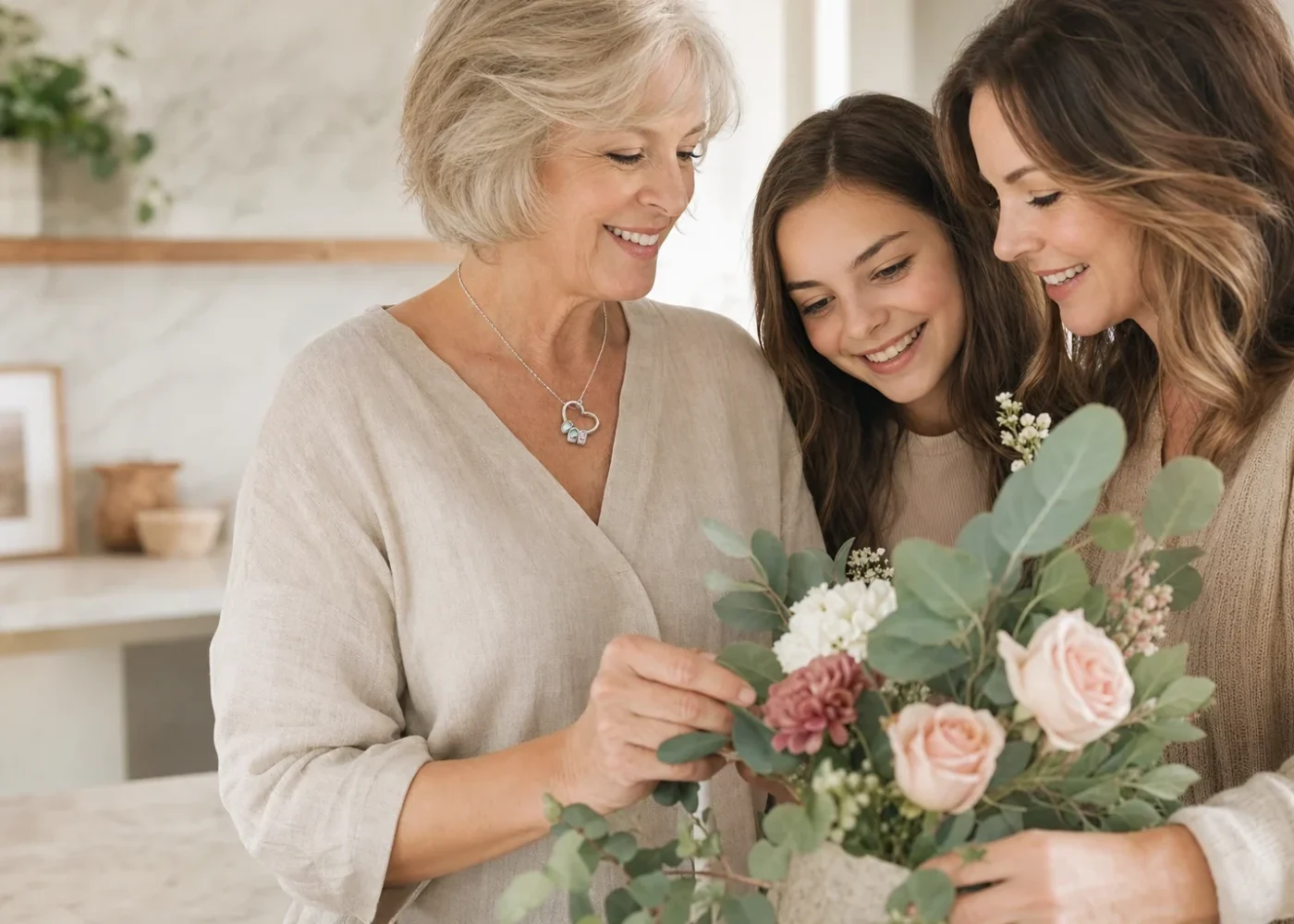 Editorial three-generation family scene featuring a gathered hearts name necklace