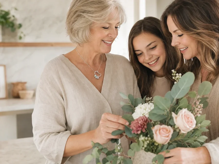 Editorial three-generation family scene featuring a gathered hearts name necklace