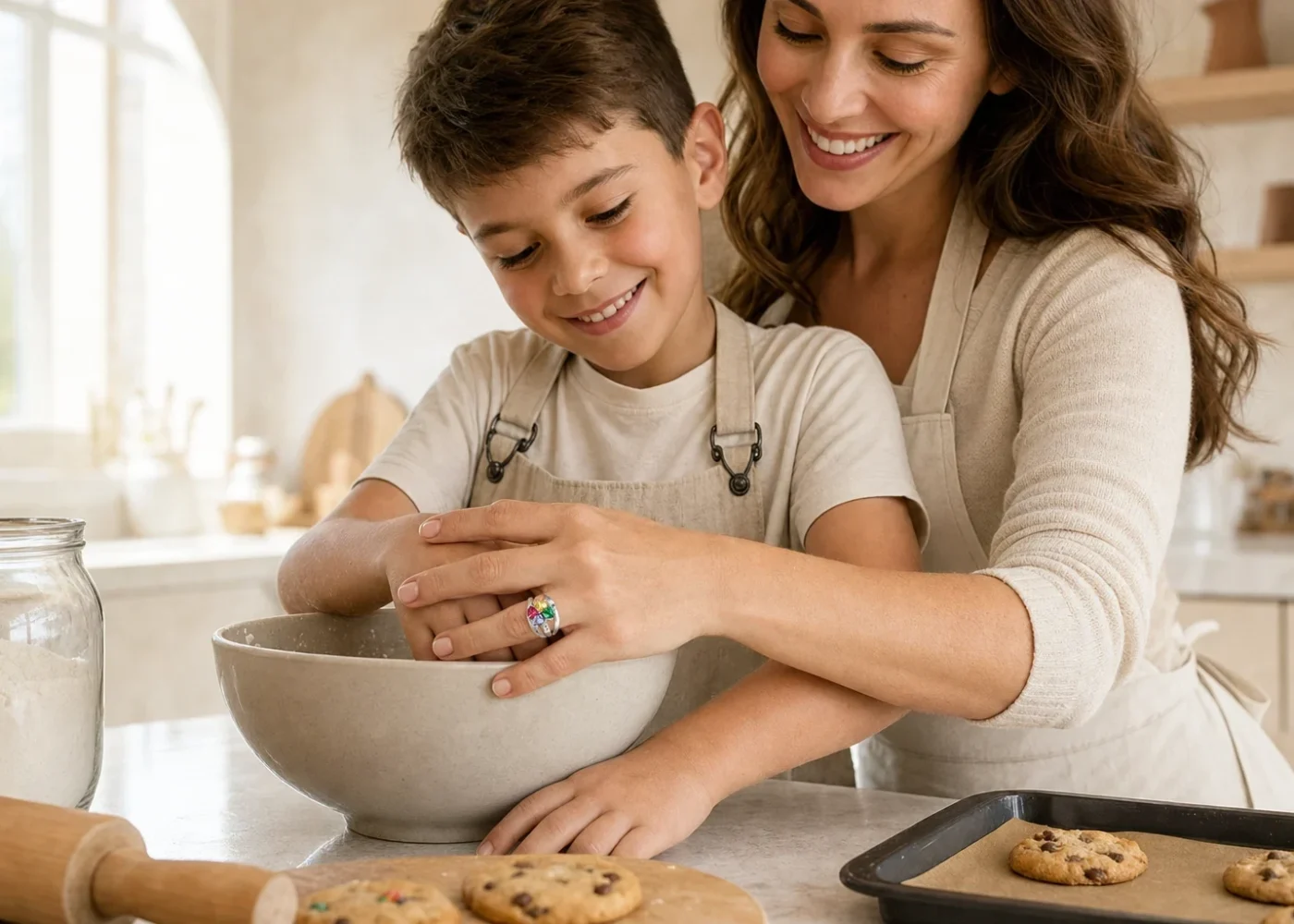 Editorial family scene with a mother and child looking at a personalized birthstone ring