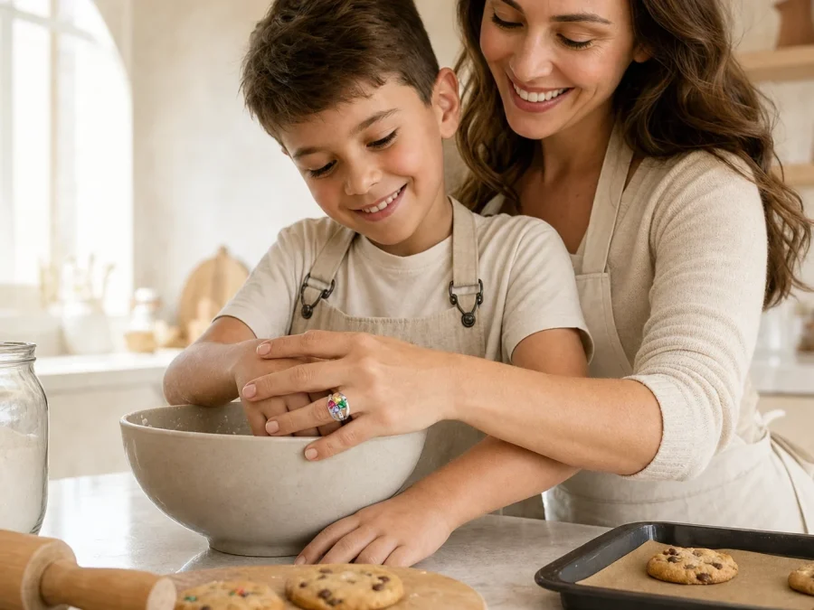 Editorial family scene with a mother and child looking at a personalized birthstone ring