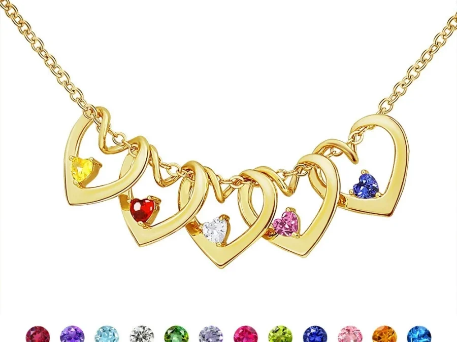 Twisted heart necklace personalization guide with engraved hearts and twelve birthstone color choices