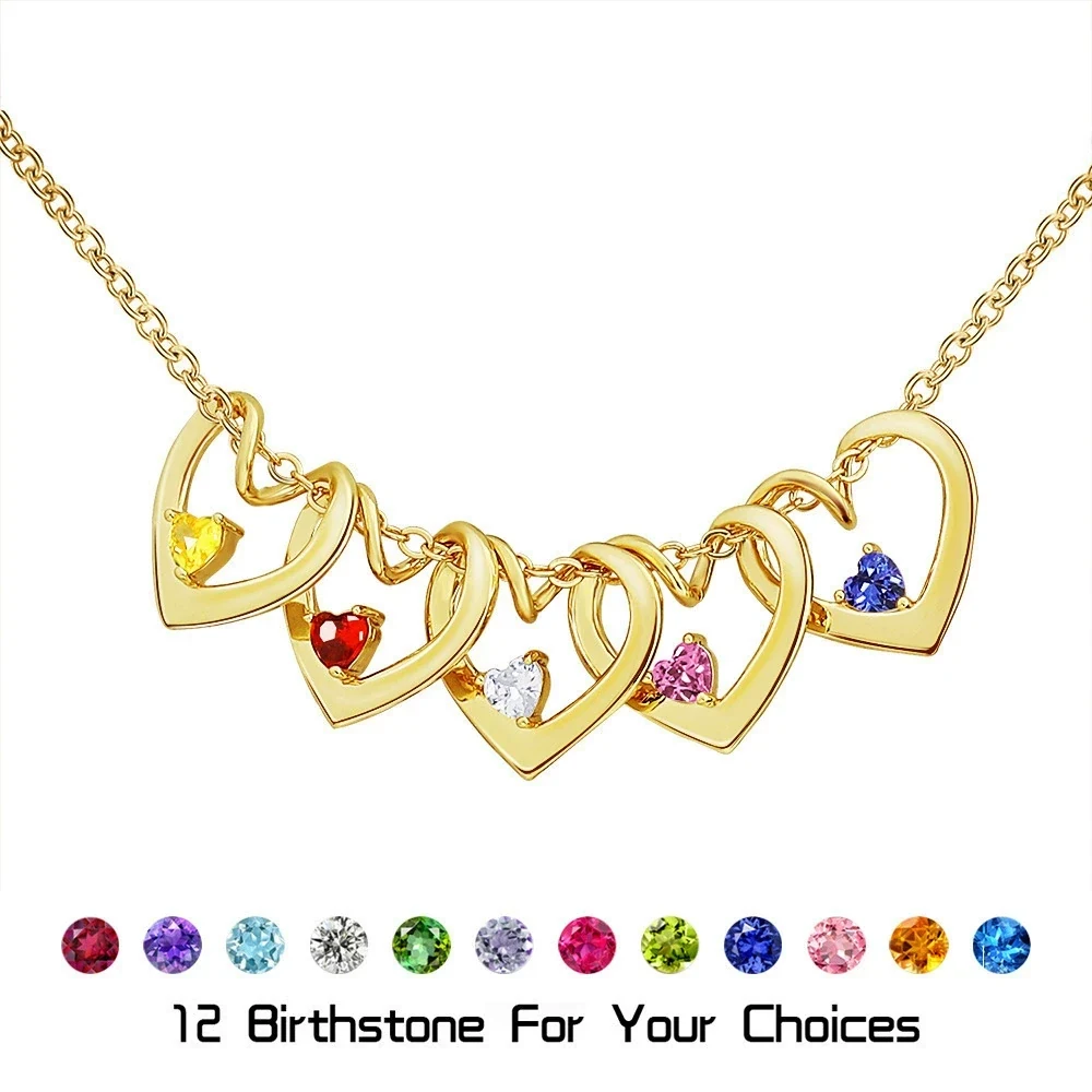 Twisted heart necklace personalization guide with engraved hearts and twelve birthstone color choices
