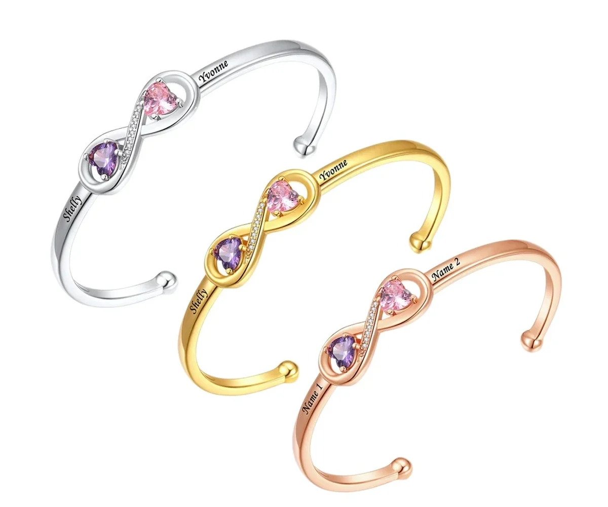 Open heart birthstone cuff shown in stainless-steel, gold, and rose-gold tones