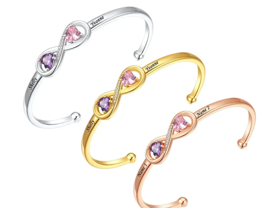 Open heart birthstone cuff shown in stainless-steel, gold, and rose-gold tones