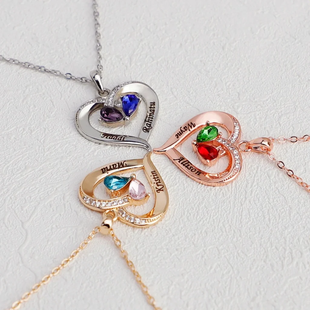 Two-tone teardrop necklace guide showing personalized options and small simulated birthstone positions