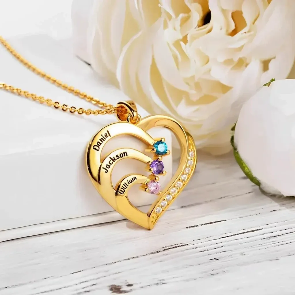 Family embrace necklace guide showing engraved name bands and several simulated birthstone positions