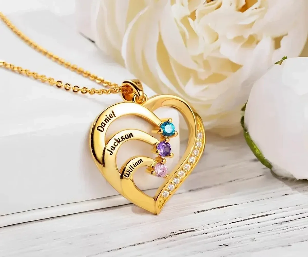 Gold-tone family heart necklace showing engraved name bands and several birthstone positions