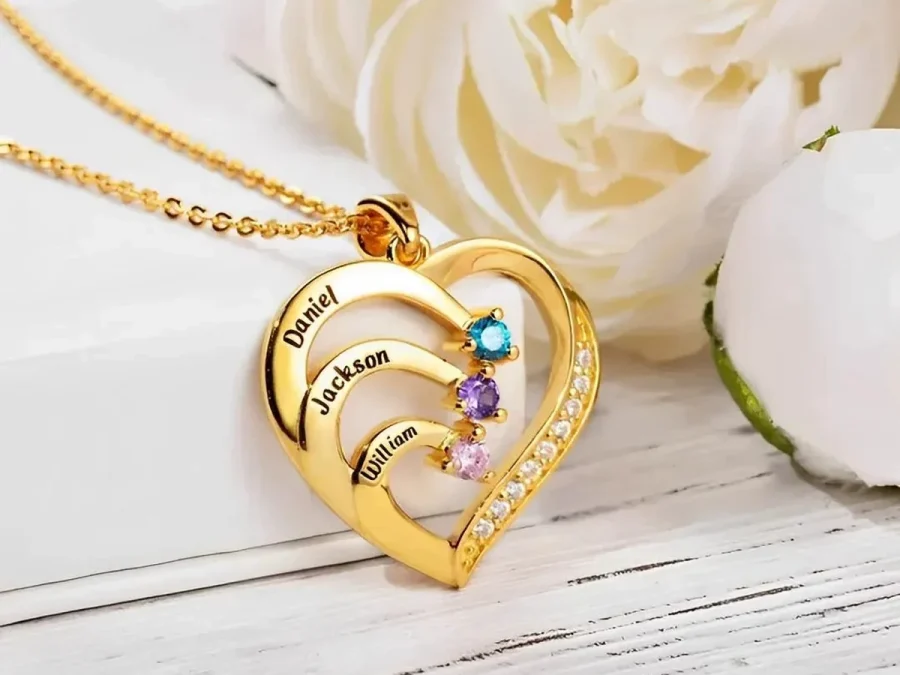 Gold-tone family heart necklace showing engraved name bands and several birthstone positions