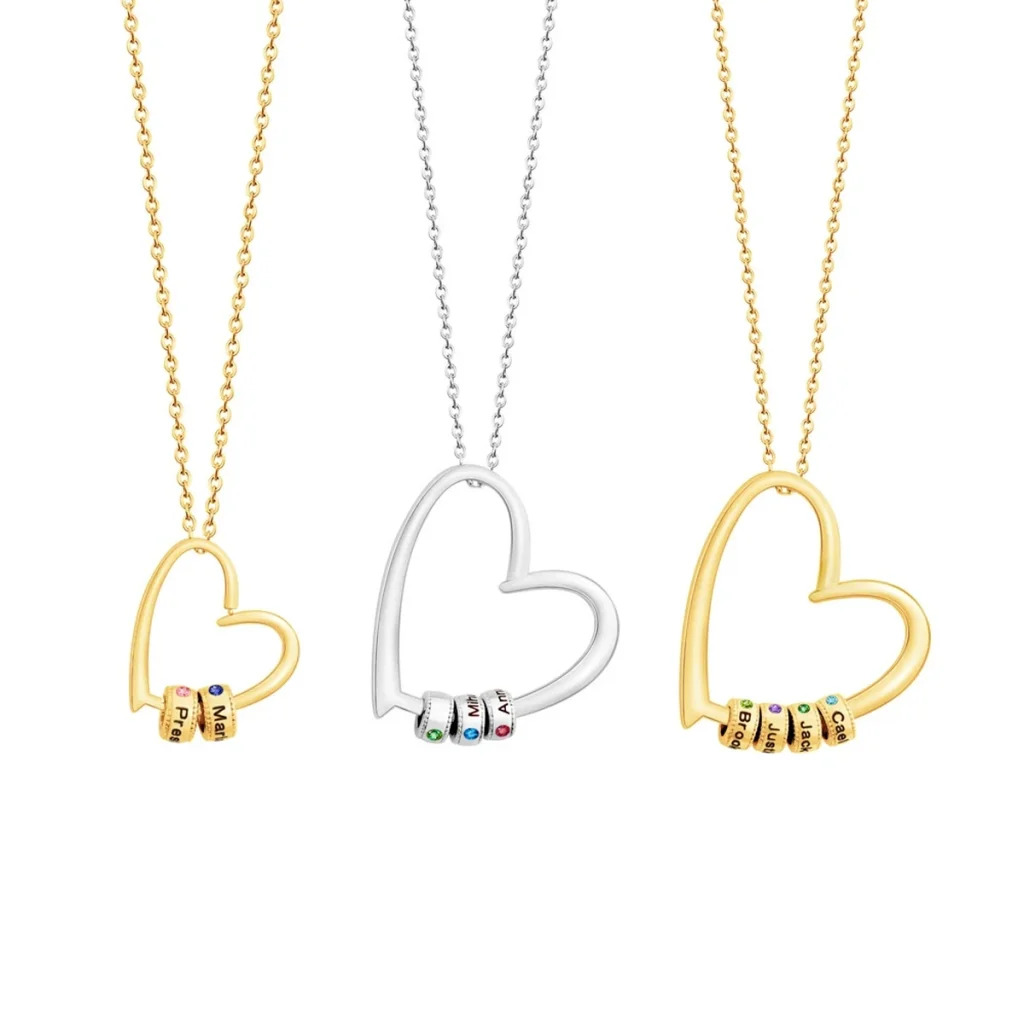Gathered hearts necklace guide showing name-only bead layouts from petite to classic sizes