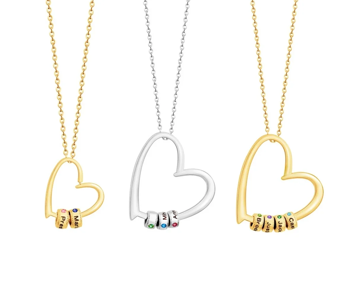 Gathered hearts name necklace examples in gold, stainless-steel, and rose-gold tones with different bead counts
