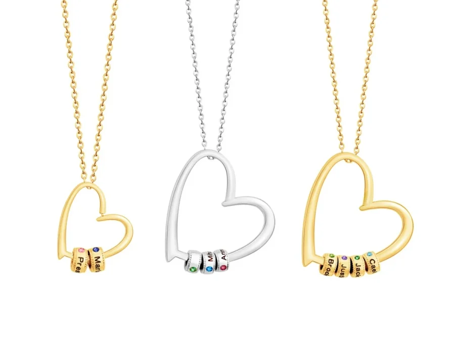 Gathered hearts name necklace examples in gold, stainless-steel, and rose-gold tones with different bead counts