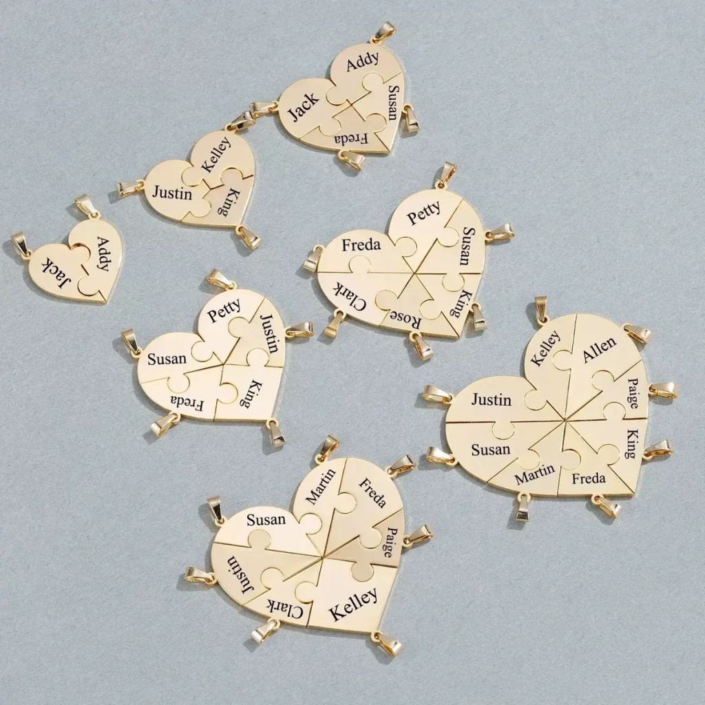 Together heart puzzle necklace guide showing supported two-piece and three-piece engraved layouts