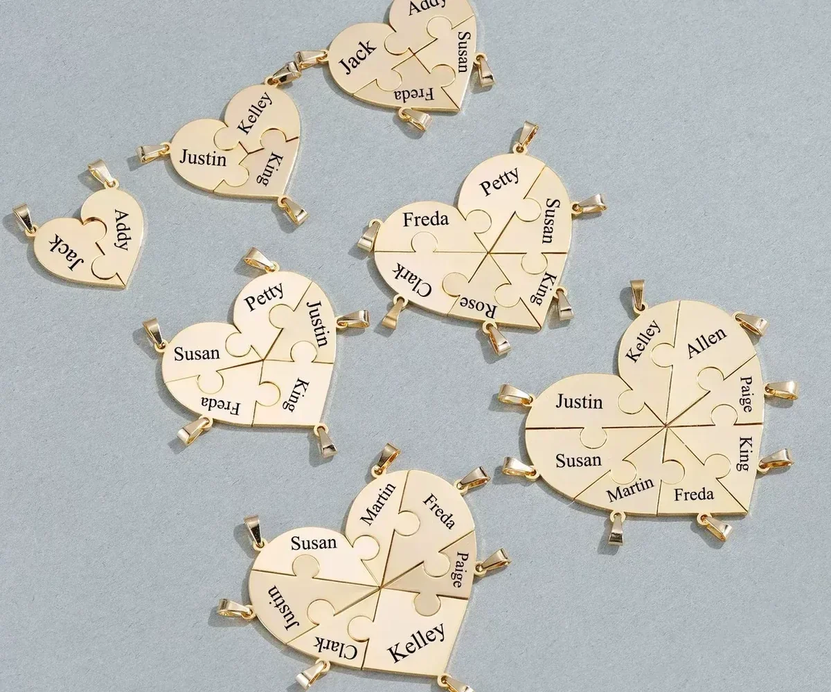Together heart puzzle necklace layouts with two and three engraved interlocking pieces