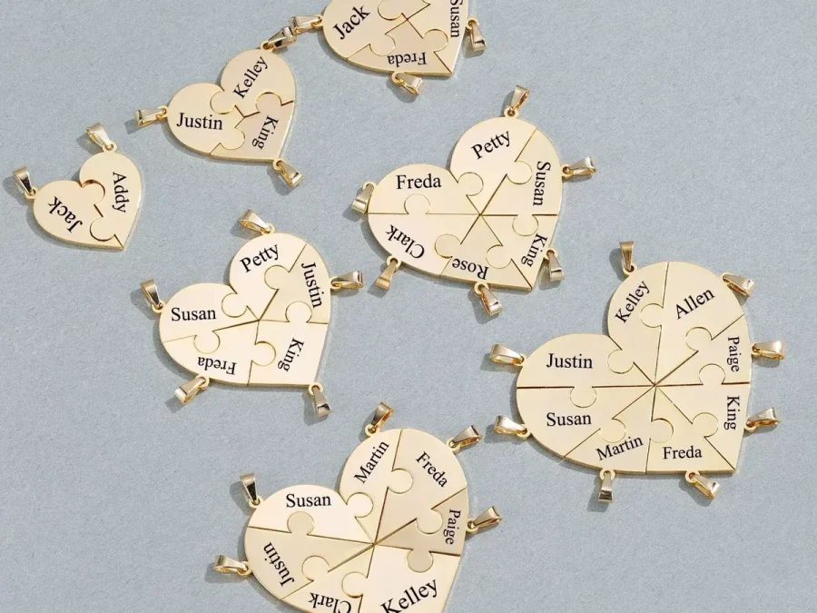 Together heart puzzle necklace layouts with two and three engraved interlocking pieces