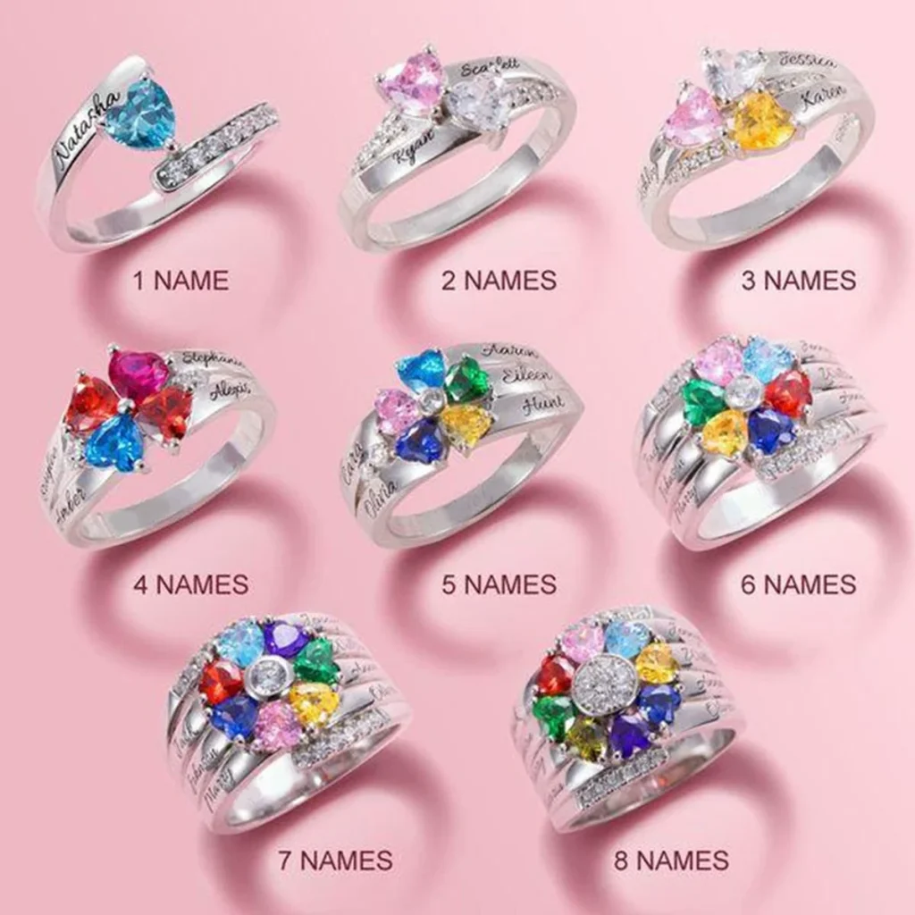 Family constellation ring guide showing plated bands with clusters from one to eight simulated birthstone accents