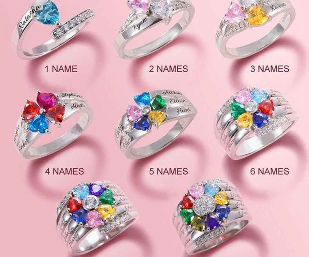 Family constellation ring examples showing layouts from one to eight birthstone accents