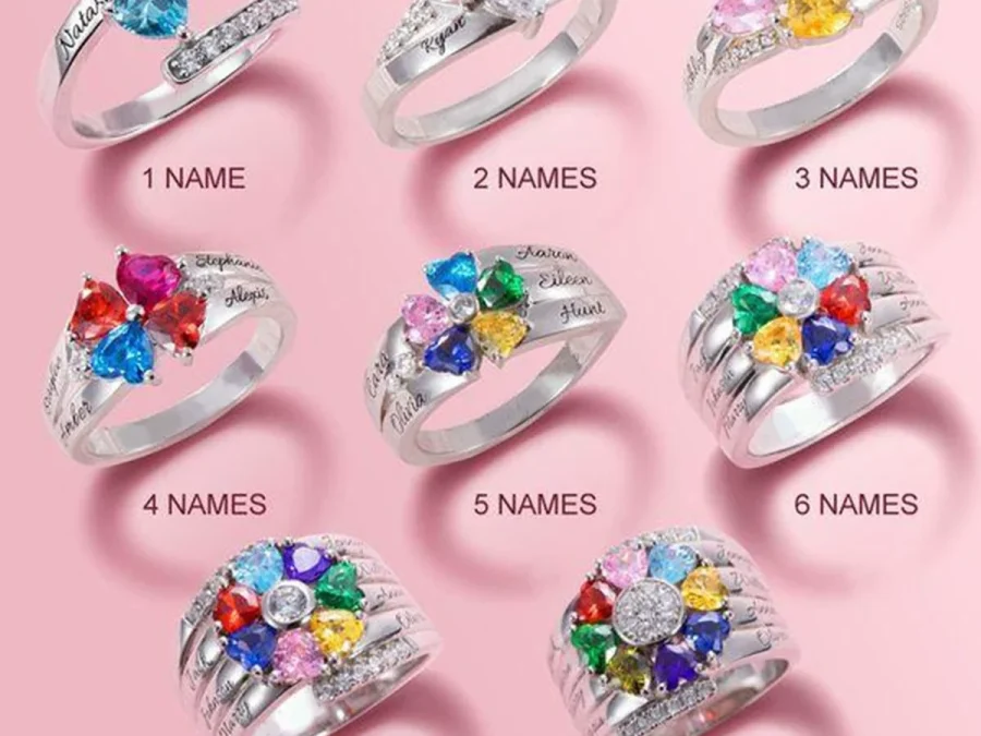 Family constellation ring examples showing layouts from one to eight birthstone accents
