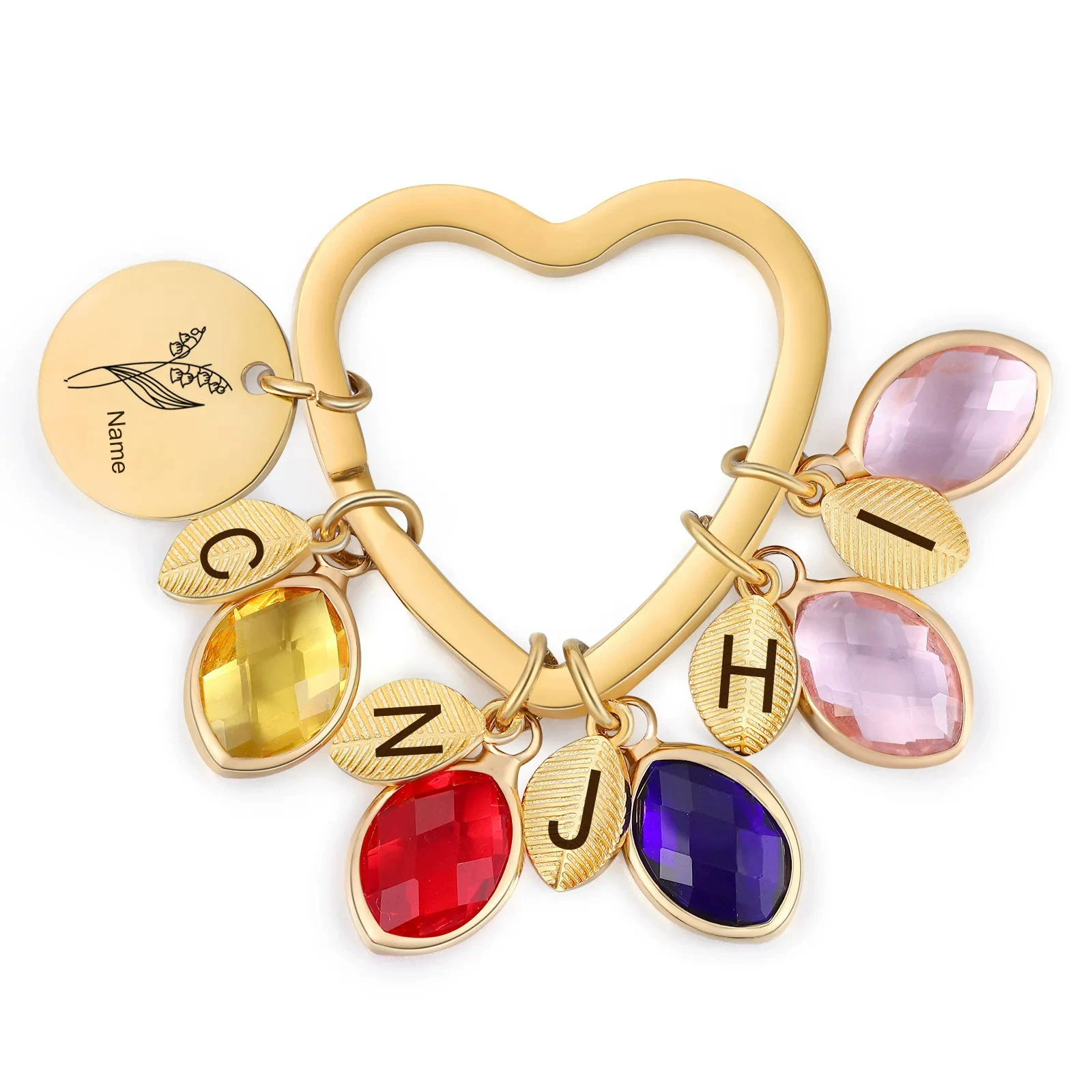 Heart keyring style with sample engraved disc, name leaves, and birthstone charms