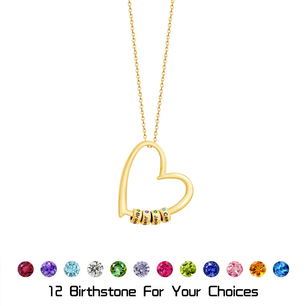 Gold tone gathered hearts necklace finish reference with sample names, stones, and four beads