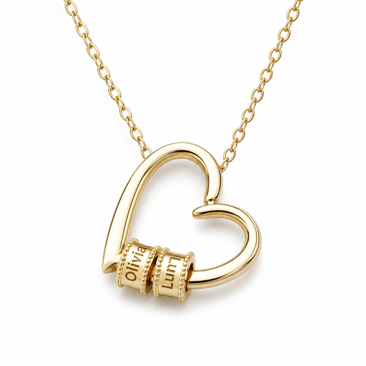 High-resolution polished gold tone gathered-heart necklace reference with two sample engraved name beads